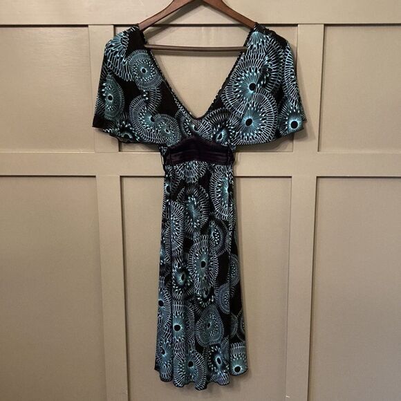 MY Michelle Y2K Deep V-Neck Flutter Sleeve Printed Dress Black & Teal Size Small - Picture 6 of 11